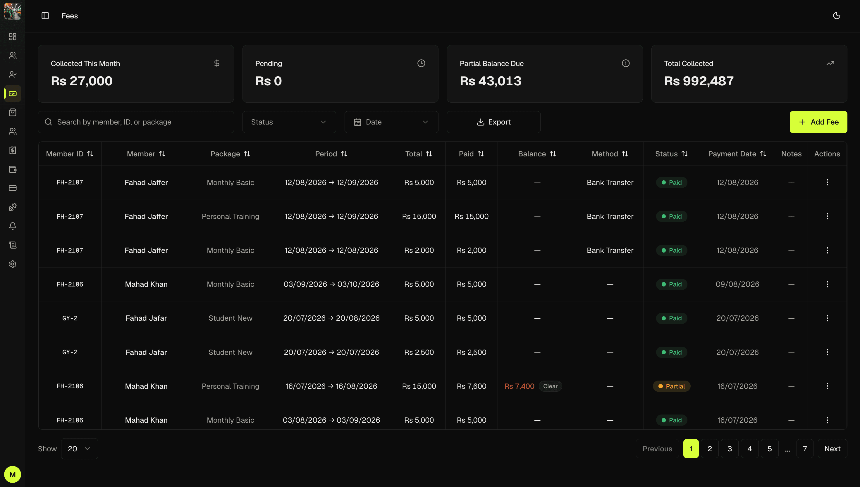 GYMORA fees ledger with paid, partial and pending payments, methods and payment dates